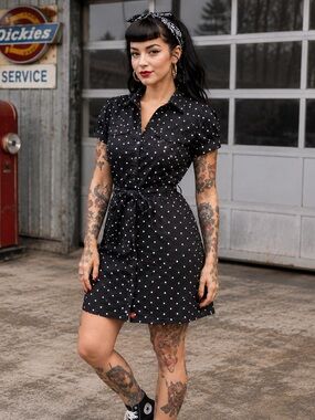 DICKIES Black Polka Dot Snap Front Belted Dress | Y2K Pin-Up Workwear